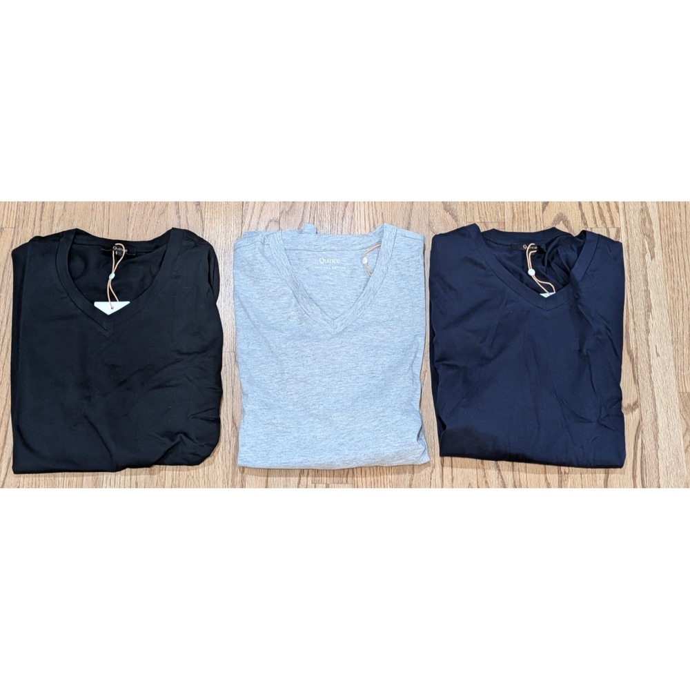100% Pima Cotten V-Neck T-Shirts Quince Men's L, Lot of 3, NWT Navy Black & Gray